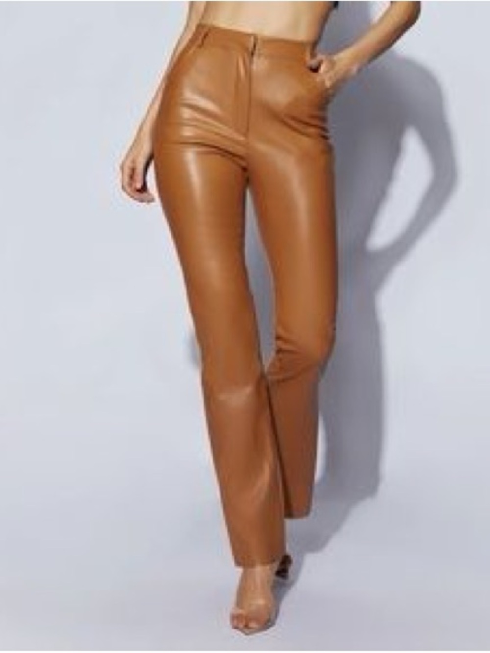 Meshki Tan Faux Leather Straight-Leg Pants